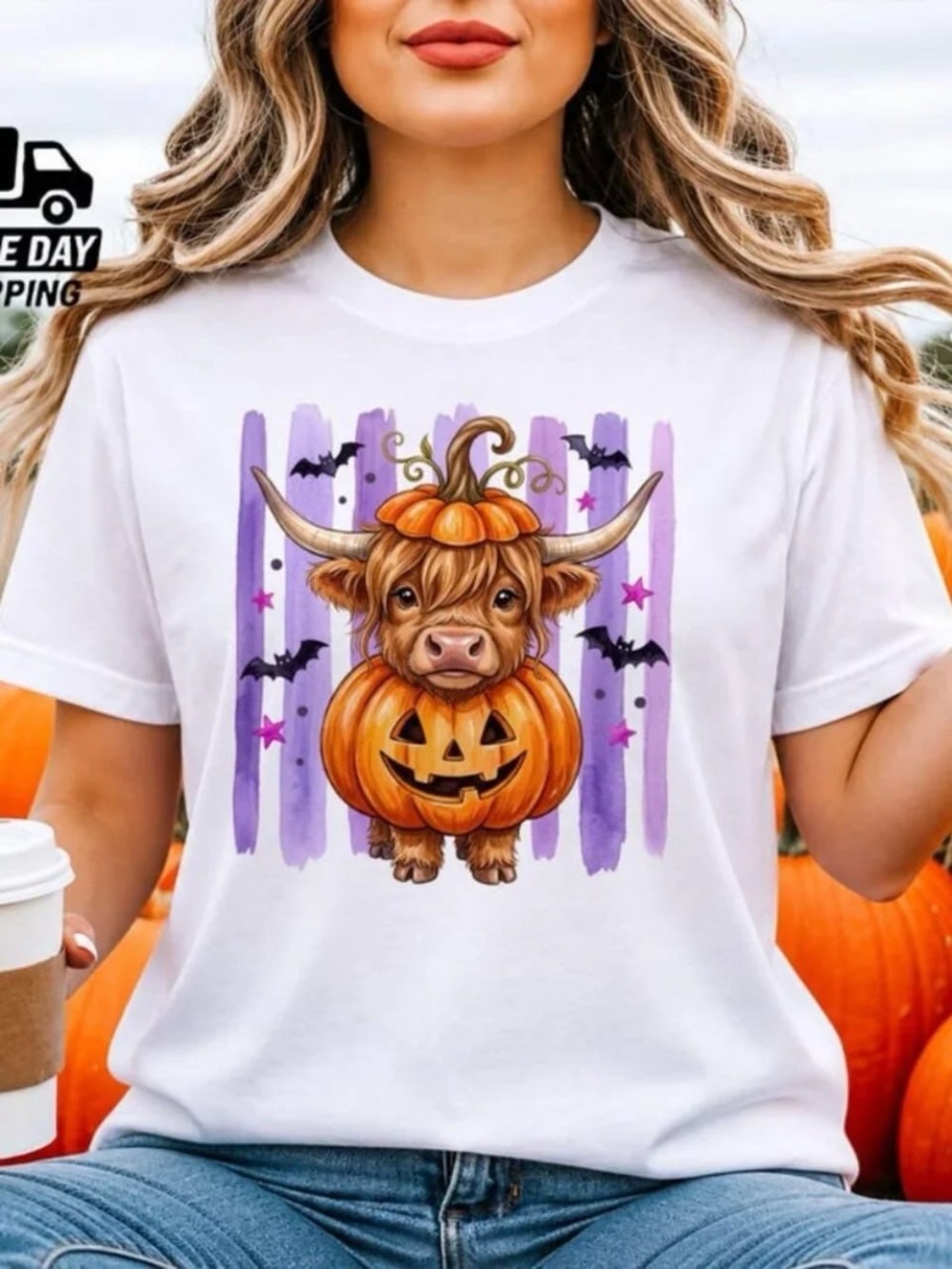 White Tee with Halloween Pumpkin Cow Graphic and Purple Accents